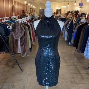 Vintage Sequined Black Cocktail Backless Dress by Della Roufogali NITELINE Small